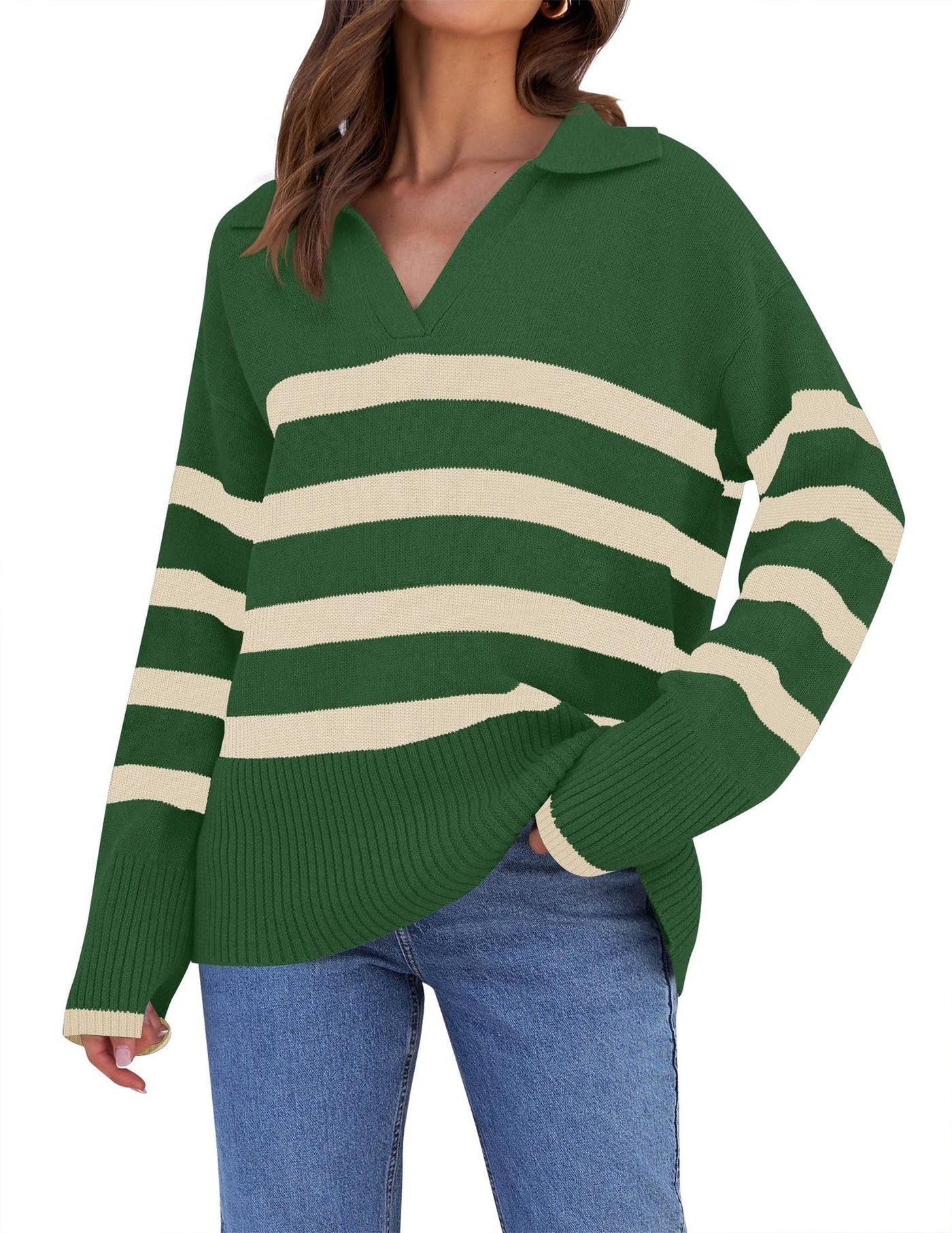 Gestreifter Strickpullover mit Kragen für Damen | Perfekt für alle Jahreszeiten