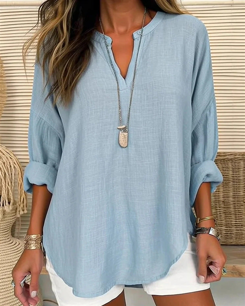 Bluse Damen Stehkragen natürliche Texturmischung locker Freizeitstil