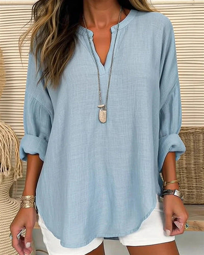 Bluse Damen Stehkragen natürliche Texturmischung locker Freizeitstil