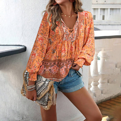 Boho Bluse Damen langarm Bindekragen luftiger Sommerstoff