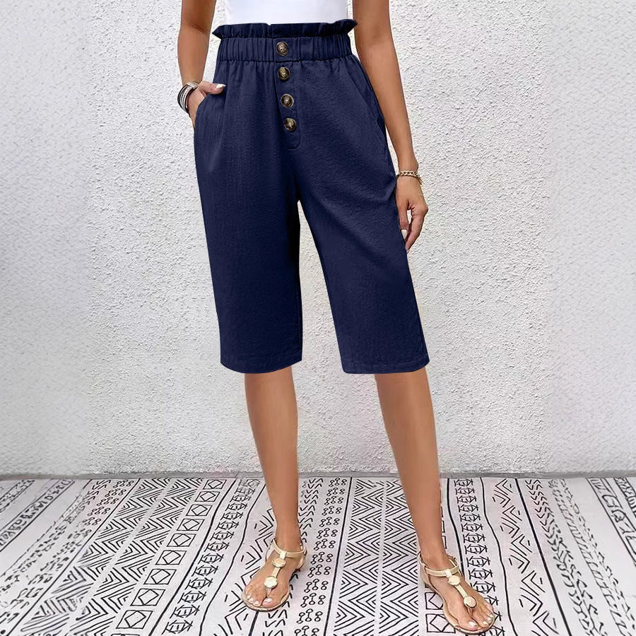 Damen Bermuda Shorts - Relaxed Fit - Elastische Taille - Knopfleiste - Leichtes Material