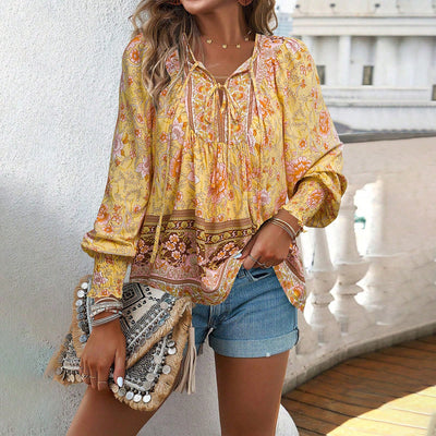Boho Bluse Damen langarm Bindekragen luftiger Sommerstoff