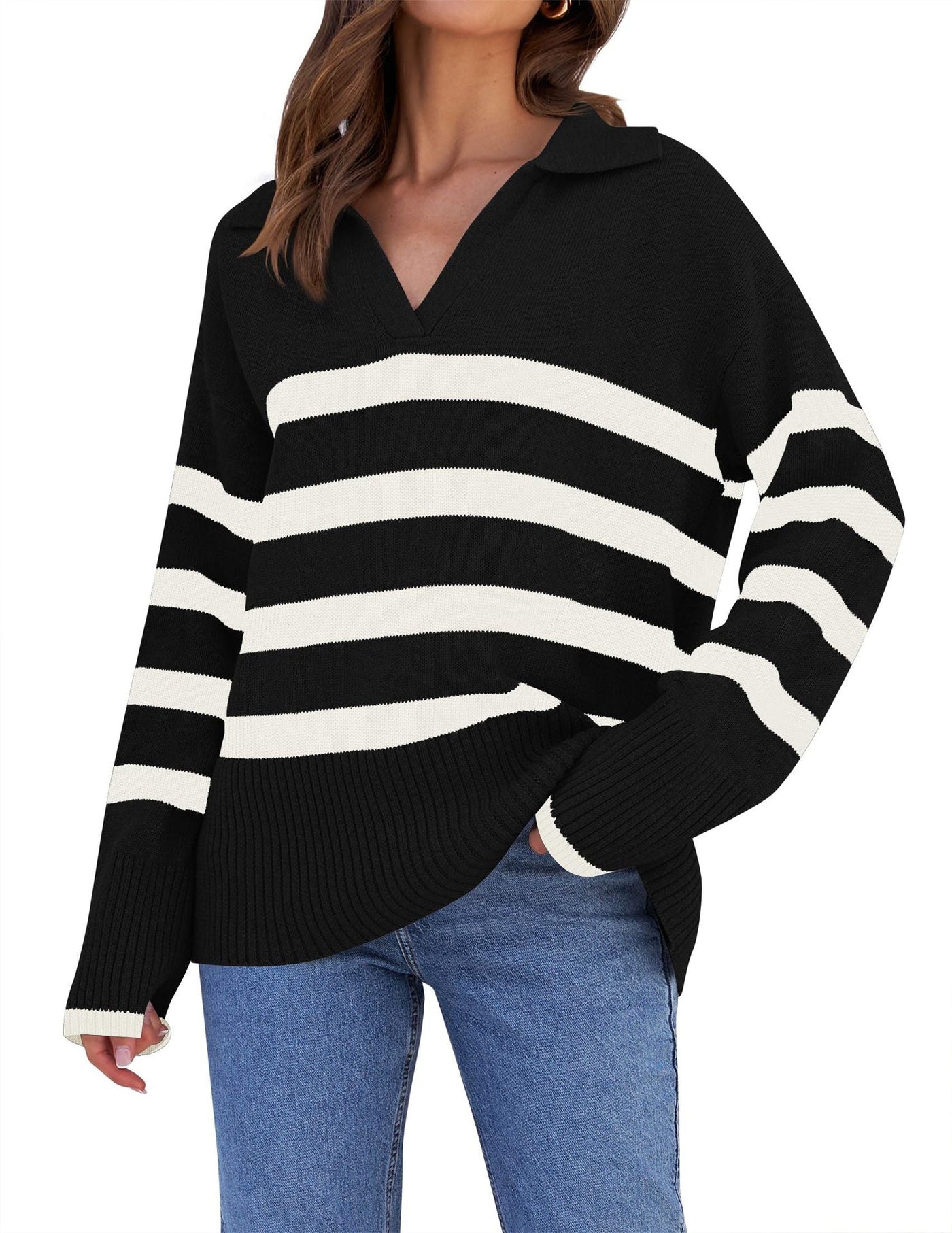 Gestreifter Strickpullover mit Kragen für Damen | Perfekt für alle Jahreszeiten