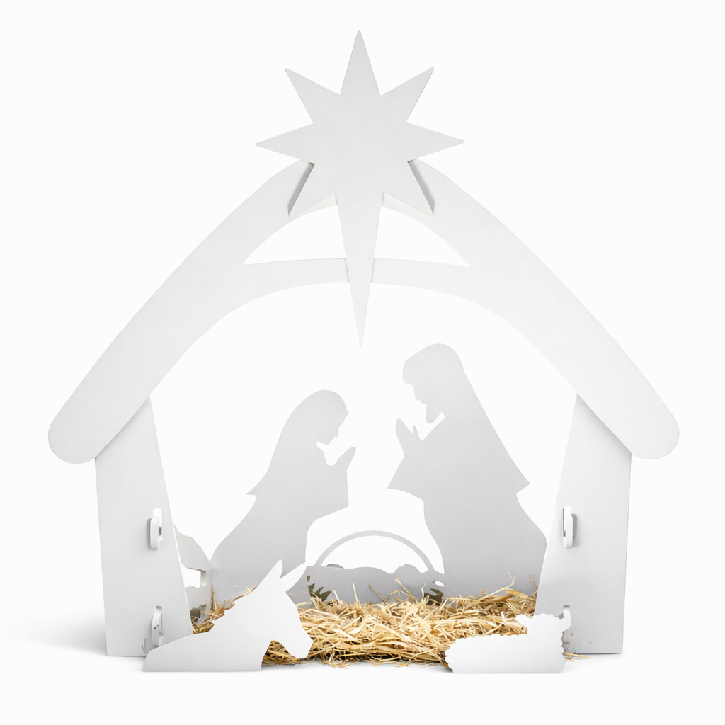 White Outdoor Nativity Scene Silhouette Display for outdoor use with classic nativity scene shape