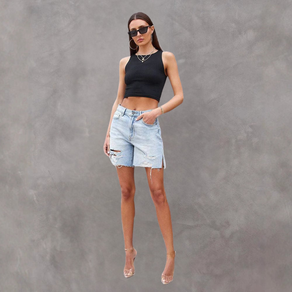 Damen Denim Shorts - Relaxed Fit - Distressed - Bermuda Länge
