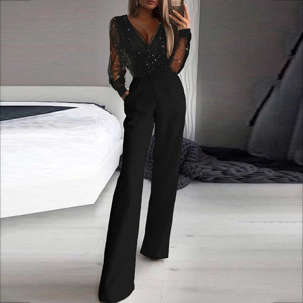 Veronica - Glitzer-Mesh Langarm-Jumpsuit mit weiten Beinen