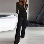 Veronica - Glitzer-Mesh Langarm-Jumpsuit mit weiten Beinen
