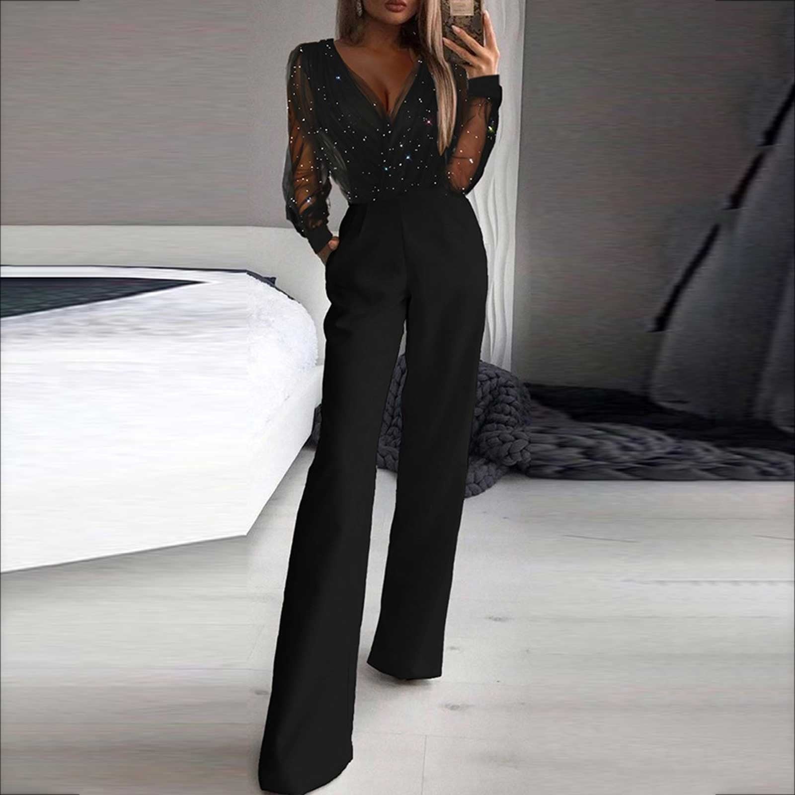 Veronica - Glitzer-Mesh Langarm-Jumpsuit mit weiten Beinen