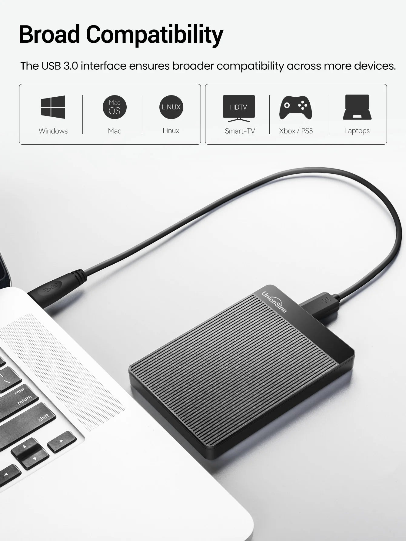 Disco duro externo portátil UnionSine de 2,5" y 1 TB con USB 3.0 (HDD de alta velocidad para PC y consola)