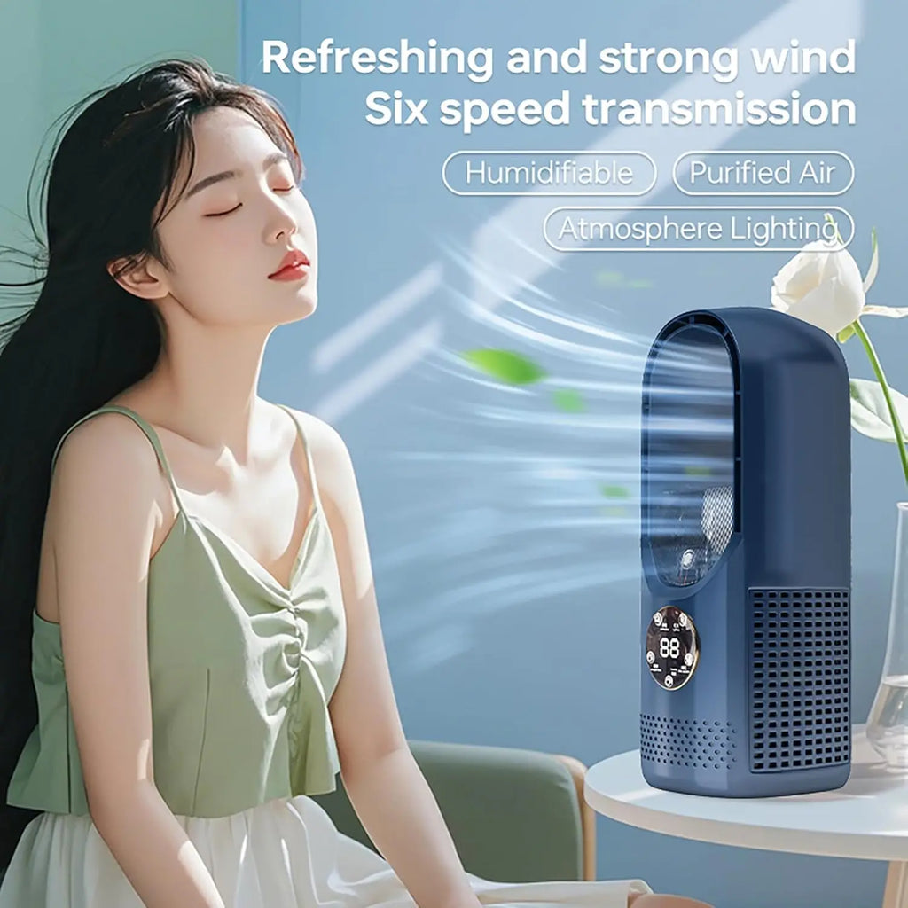 Bladeless Ventilator mit Luftbefeuchter & RGB-Licht – Leise & Kabellos für Zuhause & Reisen
