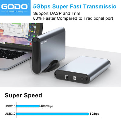 GODO USB 3.0 aluminiumkabinett för externa hårddiskar (upp till 18 TB, 2,5"/3,5" SATA HDD/SSD)