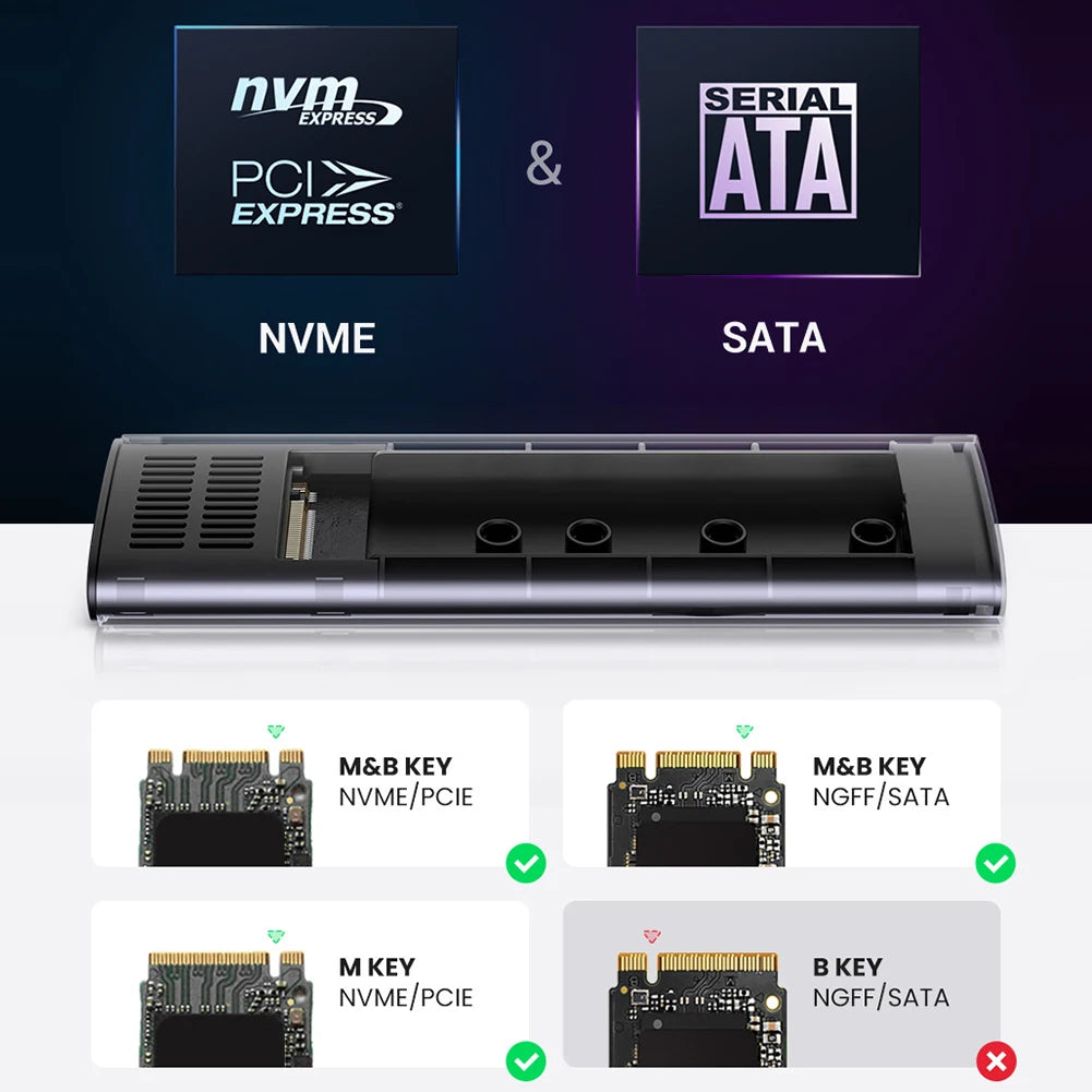M.2 NVMe SSD-kabinett Dual Protocol 10Gbps Verktygsfritt externt kabinett (2230-2280)