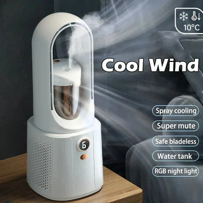Bladloser Schlafzimmer-Ventilator mit Sprühkühlung & Nachtlicht – Leiser Mini-Luftkühler für besseren Schlaf im Sommer