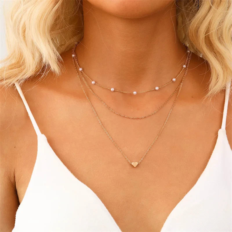 Lily | 3-lagiges Gold- und Silber-Halskettenset mit Herz- oder Kreuzanhänger