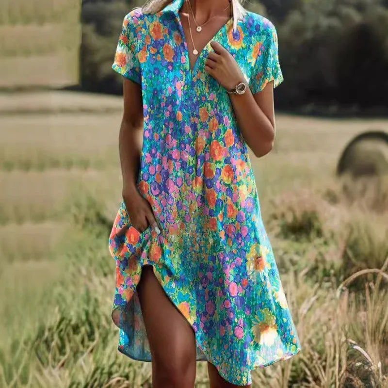 Carla | Elegantes Blumenkleid mit V-Ausschnitt und Knöpfen