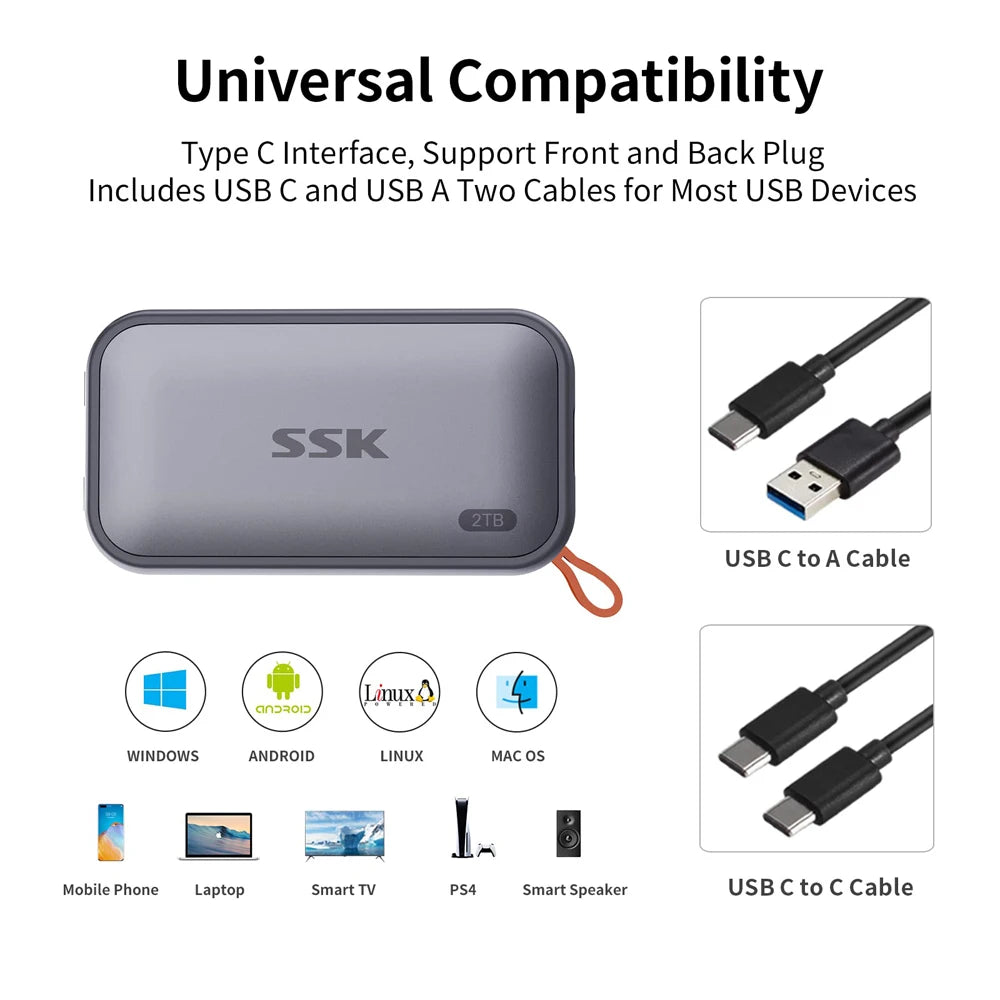 SSK Portable externe SSD 2TB, USB 3.2 Gen2 Typ-C (1050MB/s, für MacBook & Laptop)