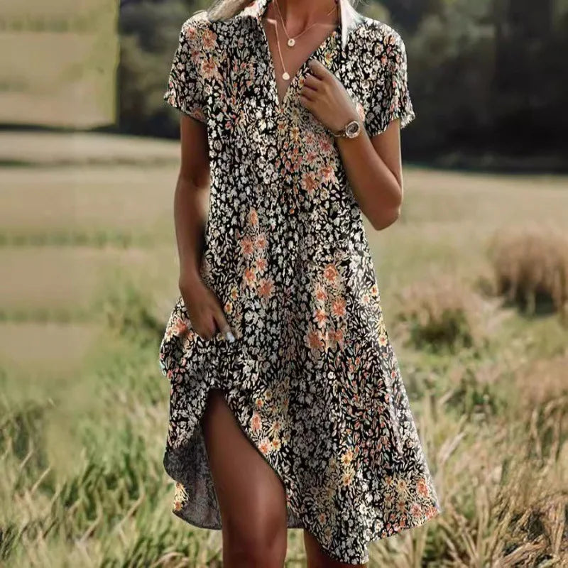 Carla | Elegantes Blumenkleid mit V-Ausschnitt und Knöpfen