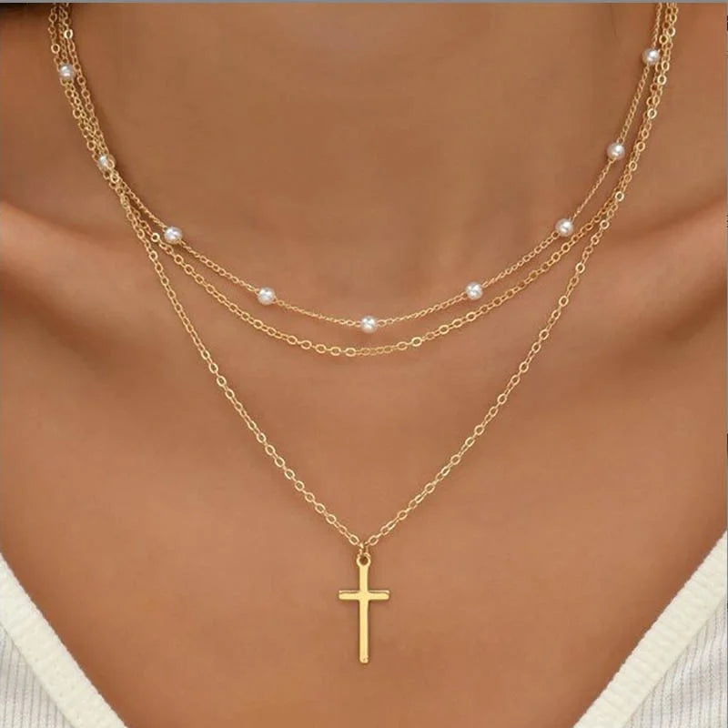 Lily | 3-lagiges Gold- und Silber-Halskettenset mit Herz- oder Kreuzanhänger