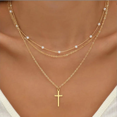 Lily | 3-lagiges Gold- und Silber-Halskettenset mit Herz- oder Kreuzanhänger