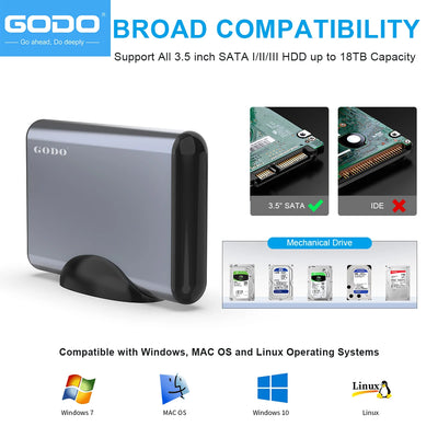 GODO USB 3.0 aluminiumkabinett för externa hårddiskar (upp till 18 TB, 2,5"/3,5" SATA HDD/SSD)
