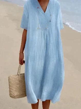 natürliche Texturkleid mit V-Ausschnitt und kurzen Ärmeln - Relaxed Fit