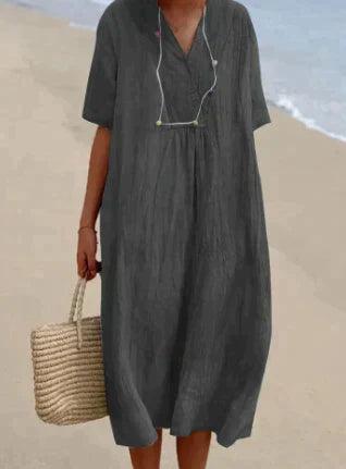 natürliche Texturkleid mit V-Ausschnitt und kurzen Ärmeln - Relaxed Fit