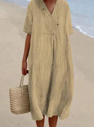 natürliche Texturkleid mit V-Ausschnitt und kurzen Ärmeln - Relaxed Fit