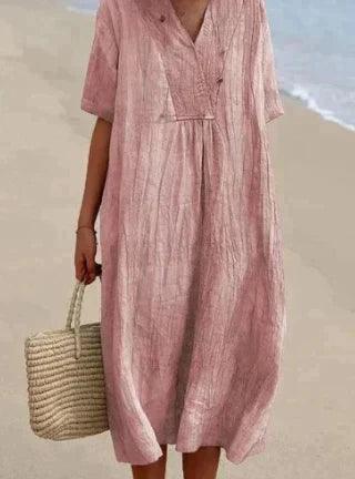 natürliche Texturkleid mit V-Ausschnitt und kurzen Ärmeln - Relaxed Fit