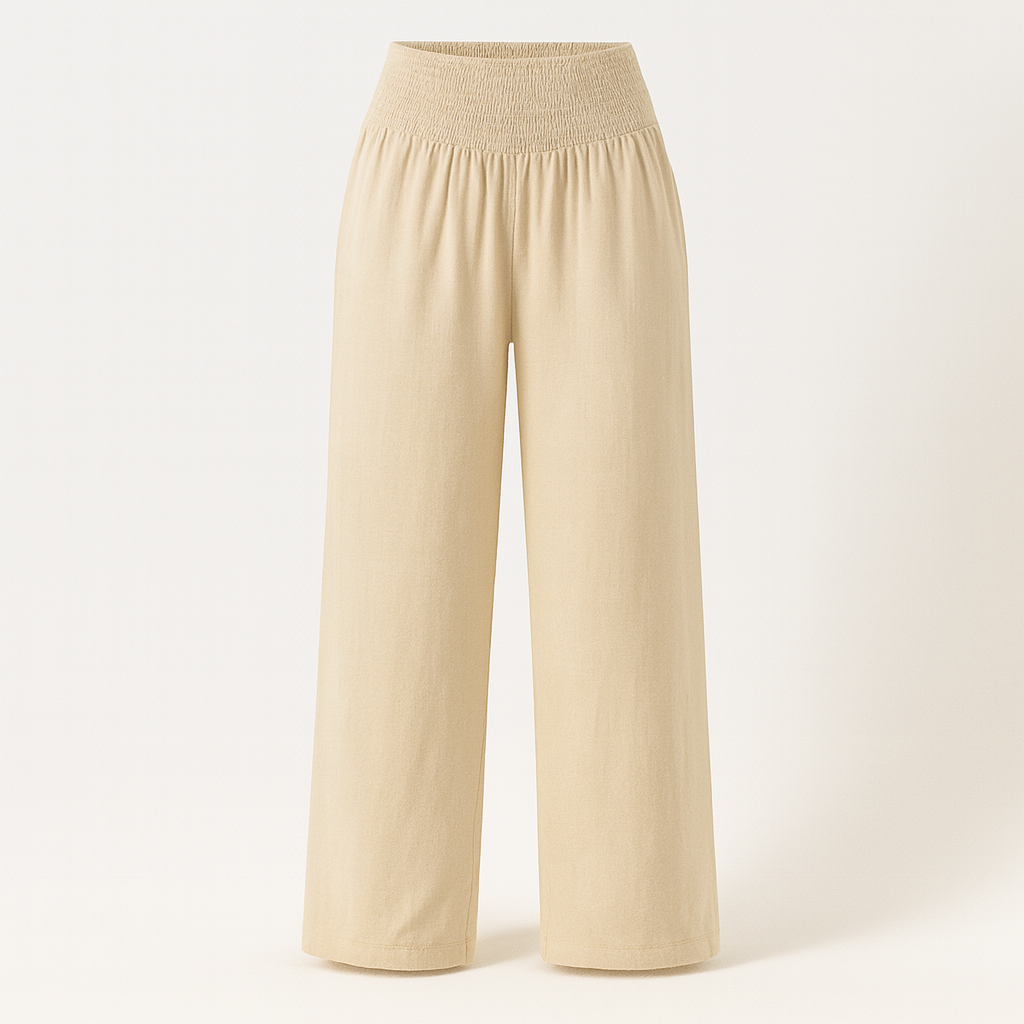 Beige Women's wide-legged, airy summer trousers with elastic waistband