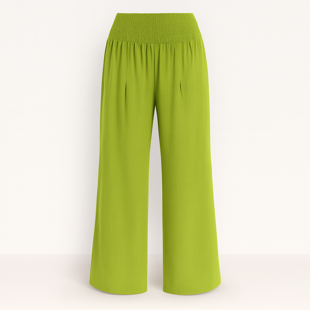 Lime Green Women's wide-legged, airy summer trousers with elastic waistband