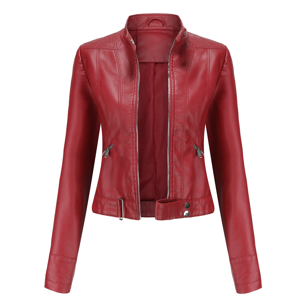 Damen PU Lederjacke mit Reißverschluss, hohem Kragen und Gürtel