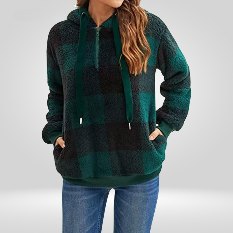Petra | Stilvoller Damen-Hoodie mit halbem Reißverschluss und Karomuster