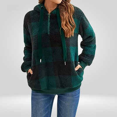 Petra | Stilvoller Damen-Hoodie mit halbem Reißverschluss und Karomuster