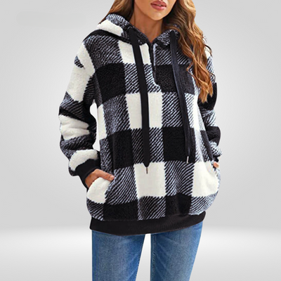 Damen-Kapuzenpullover – Weicher Strick – Lockere Passform – Halber Reißverschluss – Karomuster – Mit Kapuze