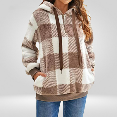 Damen-Kapuzenpullover – Weicher Strick – Lockere Passform – Halber Reißverschluss – Karomuster – Mit Kapuze