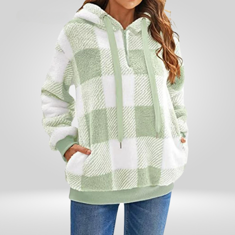 Damen-Kapuzenpullover – Weicher Strick – Lockere Passform – Halber Reißverschluss – Karomuster – Mit Kapuze