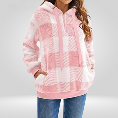 Damen-Kapuzenpullover – Weicher Strick – Lockere Passform – Halber Reißverschluss – Karomuster – Mit Kapuze