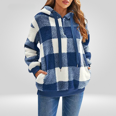 Damen-Kapuzenpullover – Weicher Strick – Lockere Passform – Halber Reißverschluss – Karomuster – Mit Kapuze