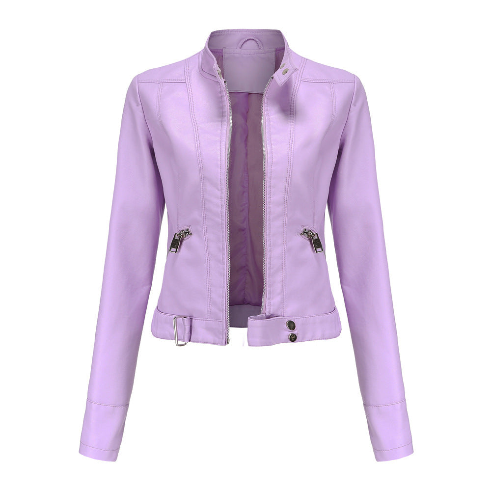 Damen PU Lederjacke mit Reißverschluss, hohem Kragen und Gürtel