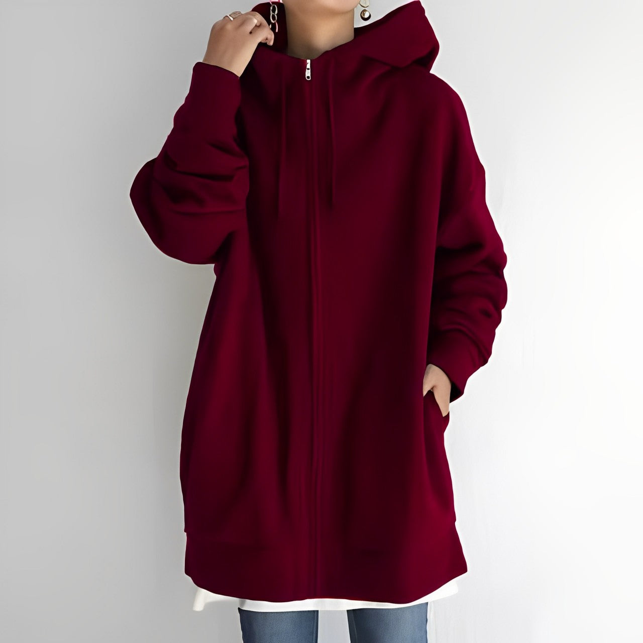 Lange Jacke mit Kapuze und Kordelzug für Frauen