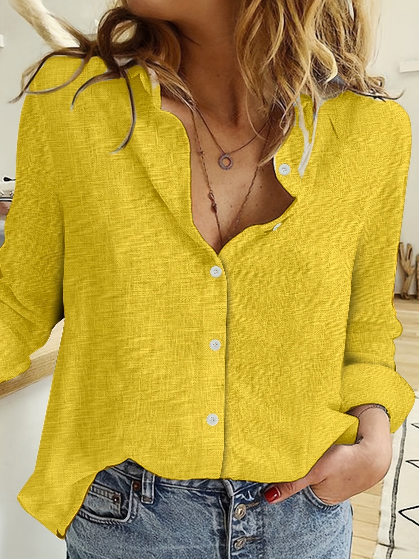 natürliche Texturbluse Damen langarm lässig Frühling Herbst locker