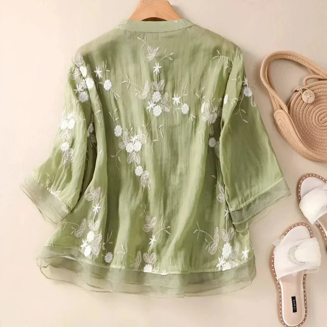 Elegante bestickte Bluse mit halblangen Ärmeln für Frauen