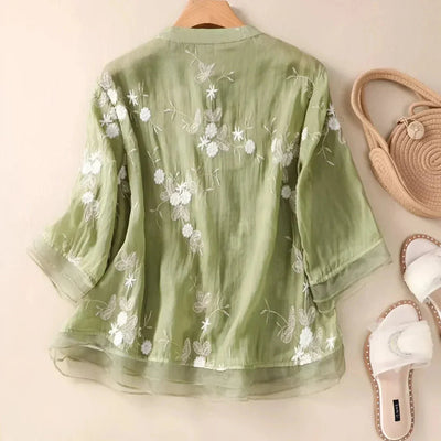 Elegante bestickte Bluse mit halblangen Ärmeln für Frauen