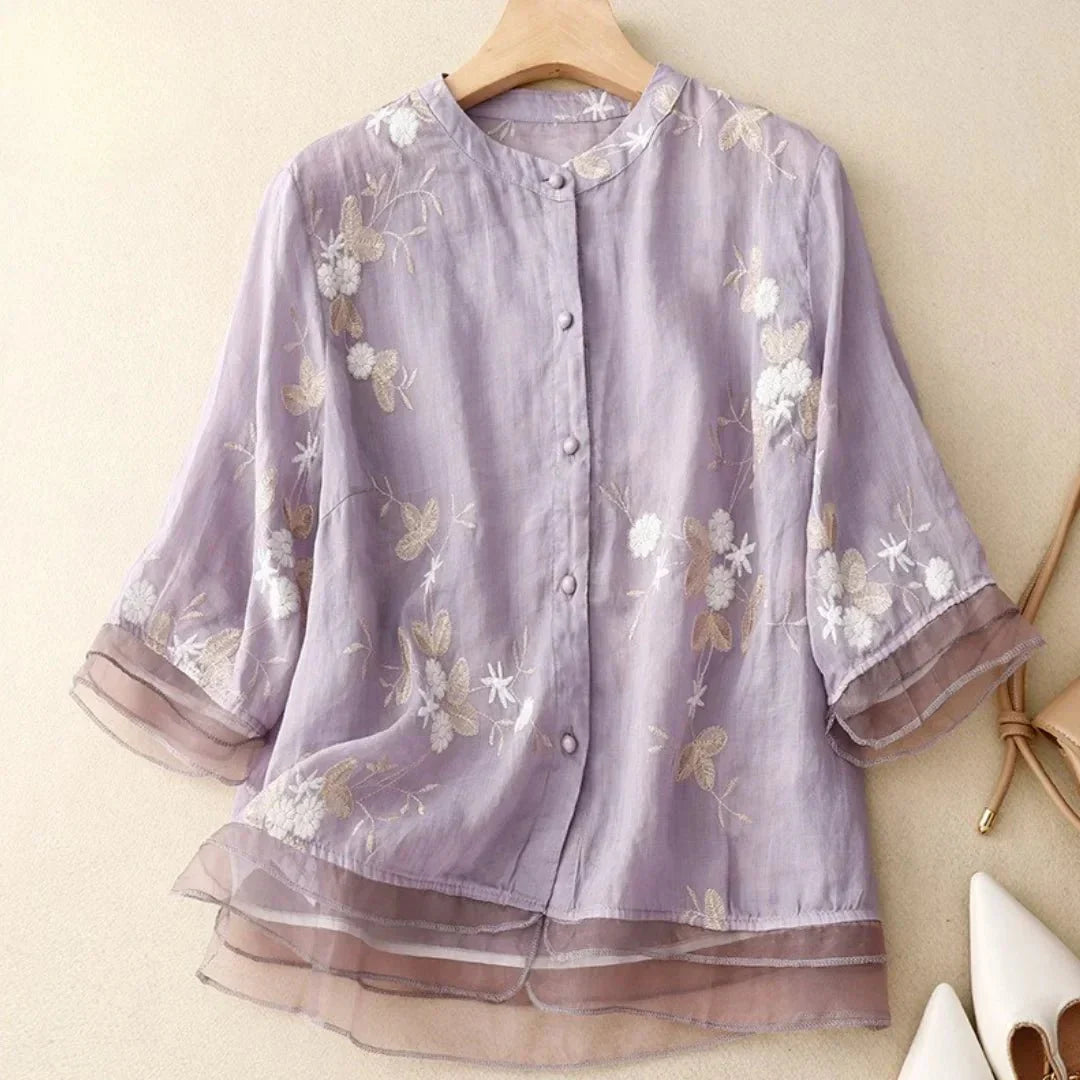 Elegante bestickte Bluse mit halblangen Ärmeln für Frauen