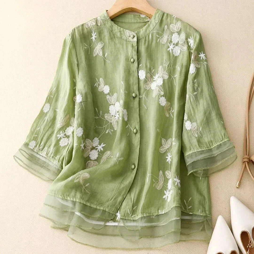 Elegante bestickte Bluse mit halblangen Ärmeln für Frauen