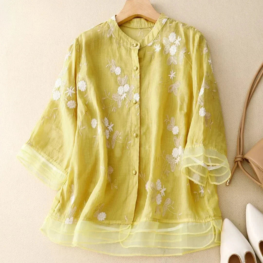 Elegante bestickte Bluse mit halblangen Ärmeln für Frauen