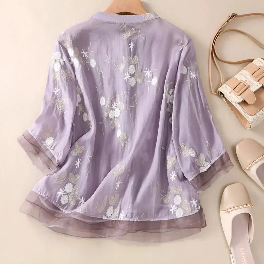 Elegante bestickte Bluse mit halblangen Ärmeln für Frauen