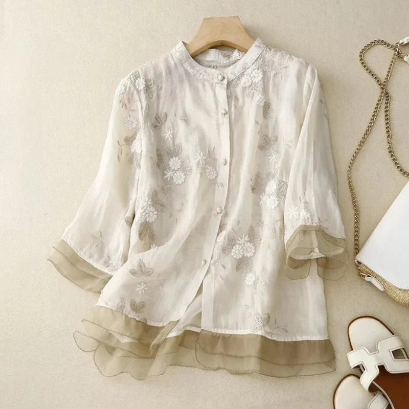 Elegante bestickte Bluse mit halblangen Ärmeln für Frauen