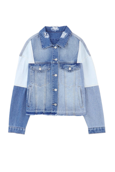 Stylische Jeansjacke mit Patchwork und ausgefranstem Saum - Damen