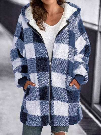 Fleecejacke mit karierter Kapuze und Reißverschluss in Übergröße